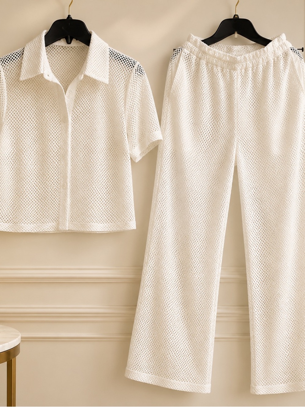 White Mesh Two-Piece Set - Cropped Button Shirt & Wide Leg Pants